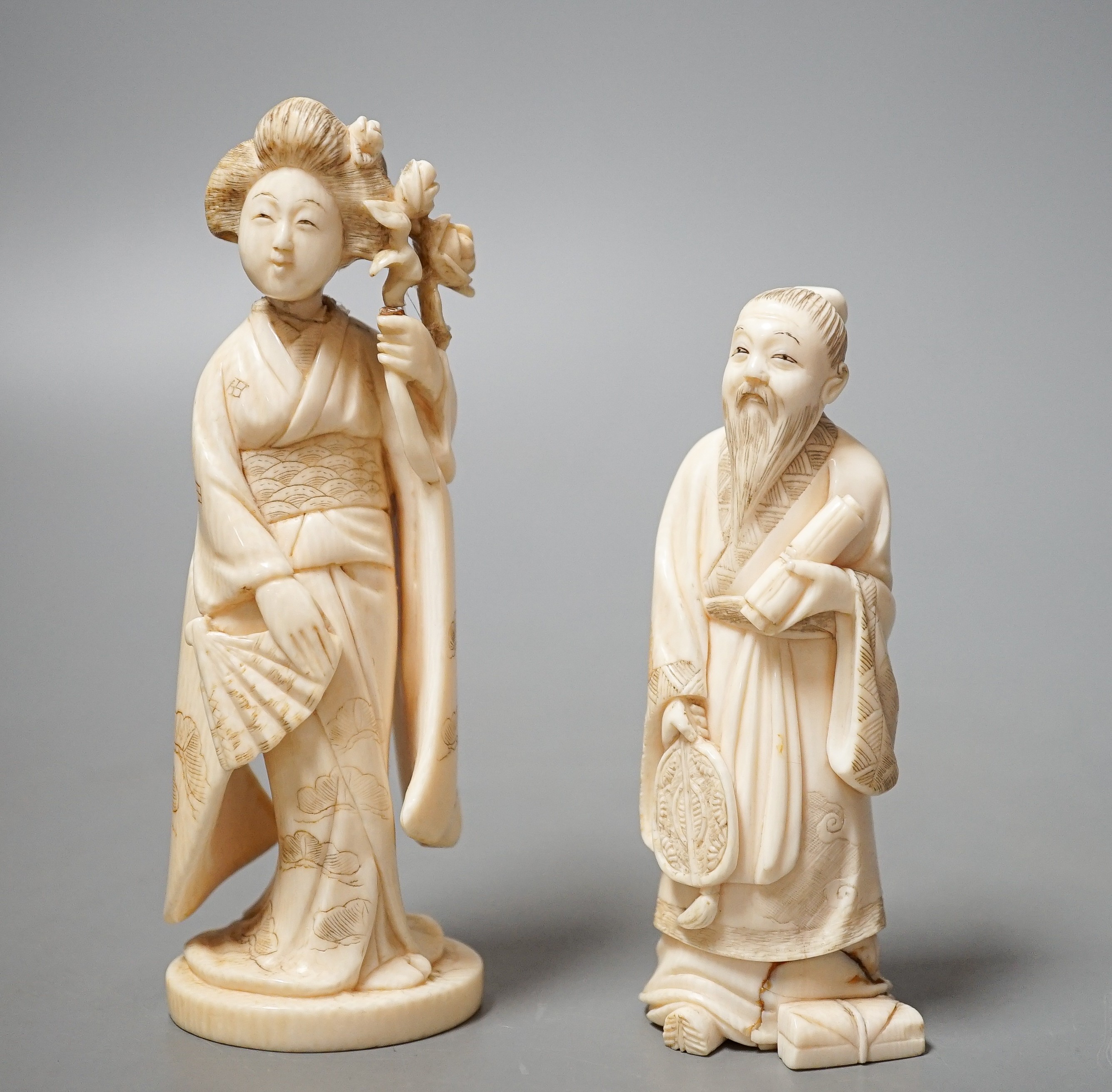 Two Japanese ivory figures of a bijin and a sage, early 20th century 12cm